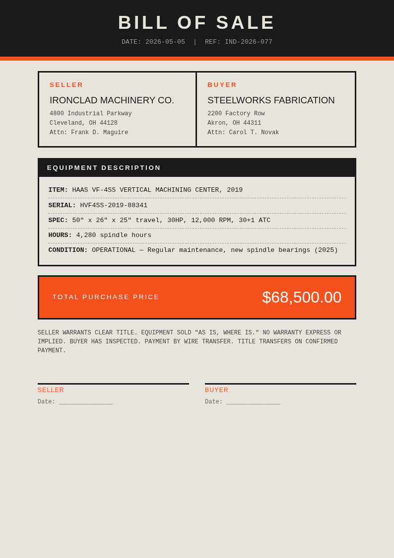 Industrial Raw Bill Of Sale